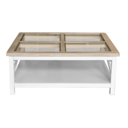 VI Shellwood Solid Timber Glass Top Square Coffee Table with Shelf