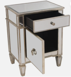 DA Antiqued Mirrored 1 Door 1 Drawer Bedside Table